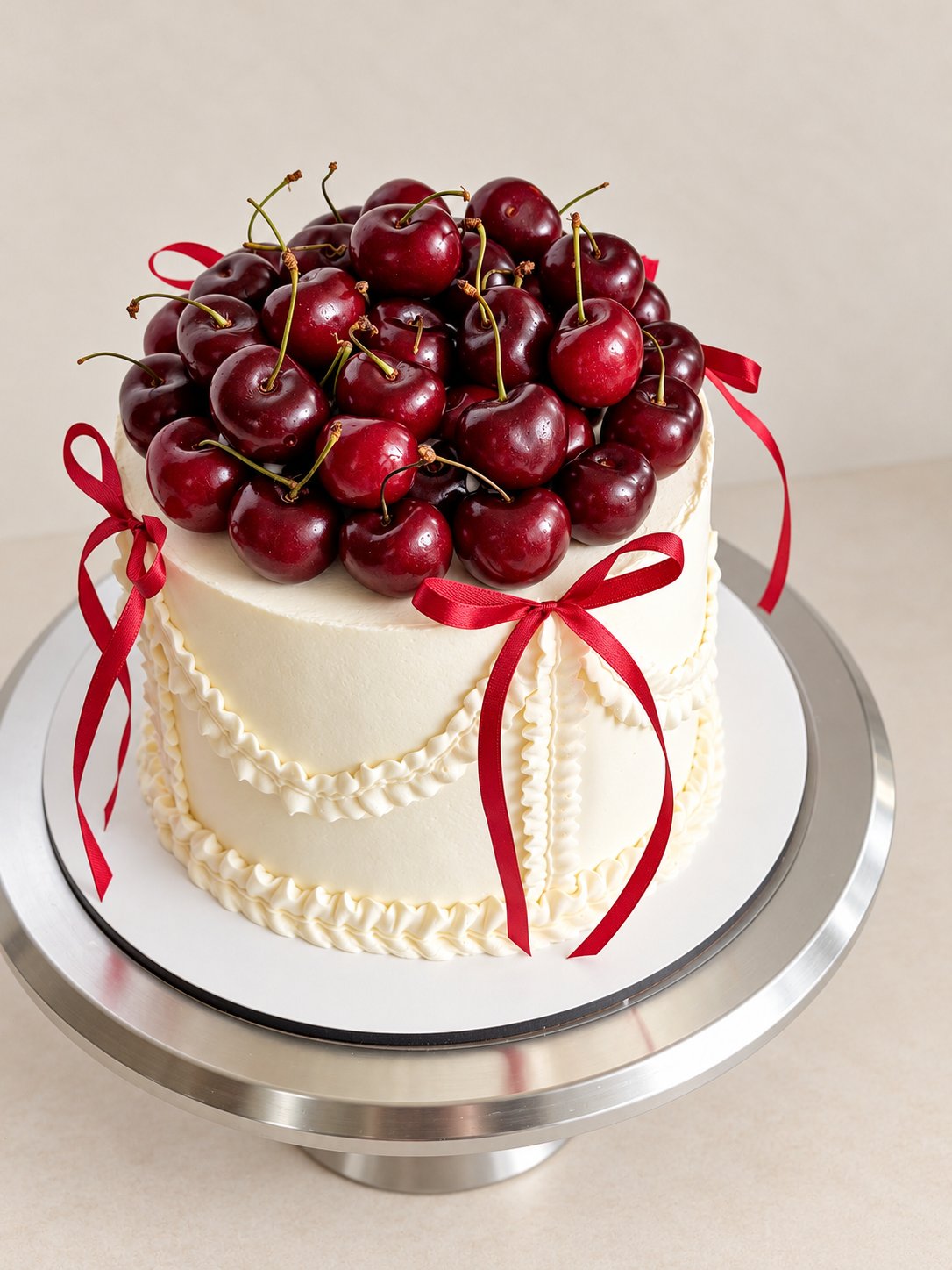Cream cake with fresh cherries and red ribbons
