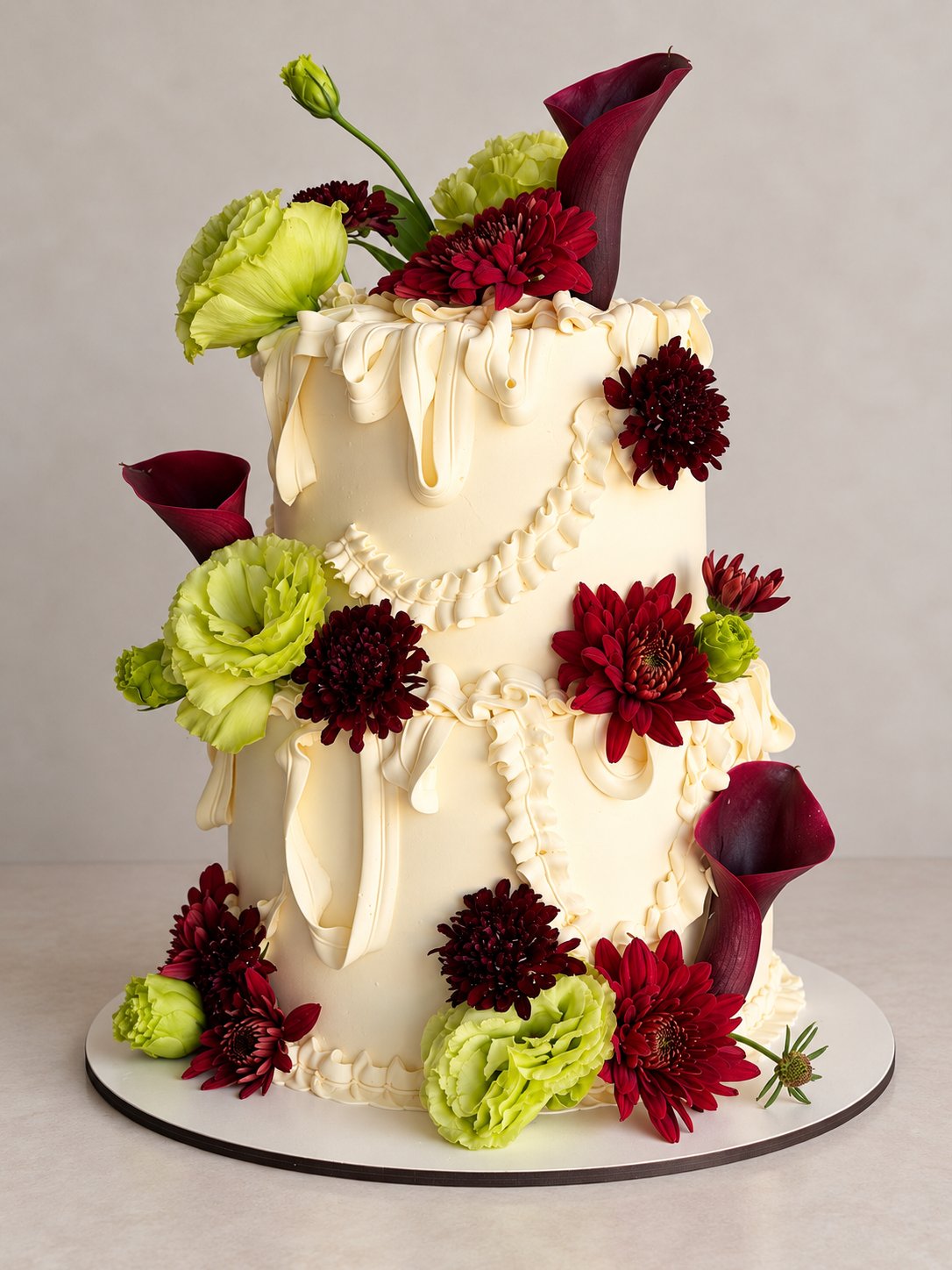 Two-tier cream cake with burgundy and green flowers